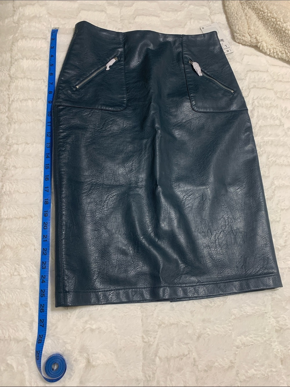 Zara Teal Faux Leather Pencil Skirt with Angled Zip Pockets